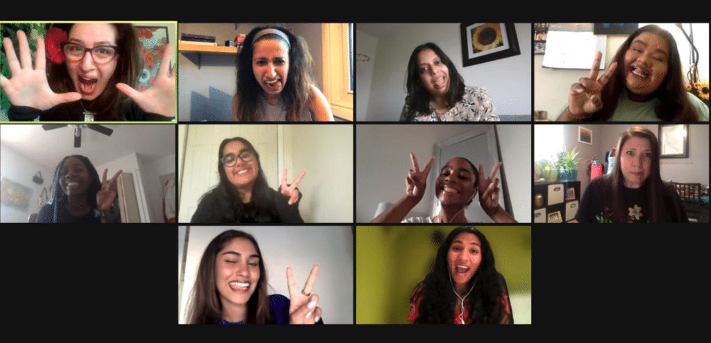 Photo of several women on zoom posing with silly faces